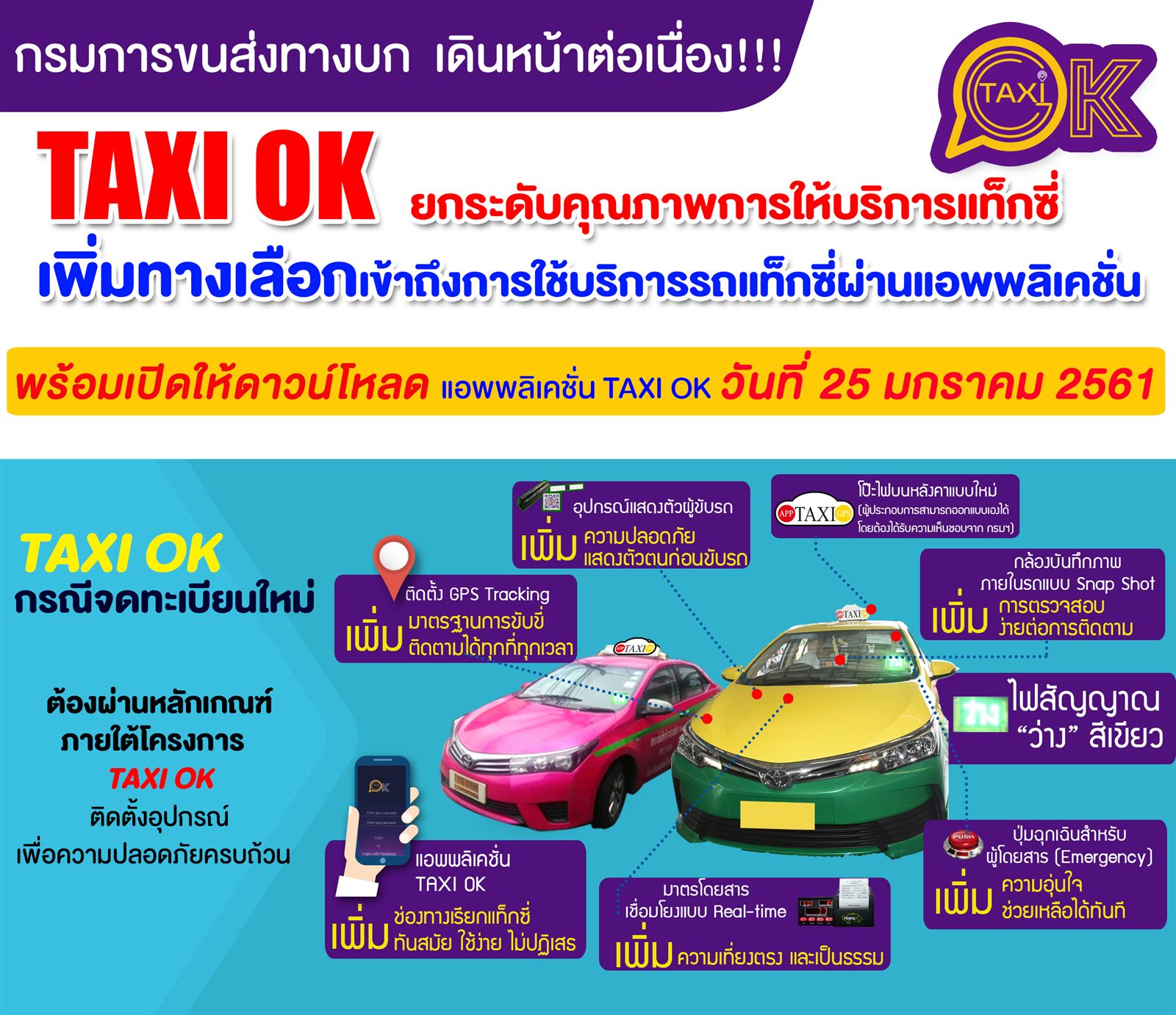 กรมการขนส่งทางบก เดินหน้าต่อเนื่อง!!! โครงการ TAXI OK ยกระดับคุณภาพการให้บริการแท็กซี่